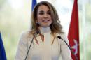 Queen Rania of Jordan delivers her speech at the Medef Summer Conference on August 26, 2015 in Jouy-en-Josas, near Paris