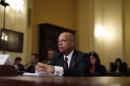 U.S. Department of Homeland Security Secretary Johnson listens to a question from a Republican member of Congress as he defends Obama's executive action on immigration at Capitol Hill in Washington