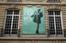 The poster of the exhibition "Yves Saint Laurent 1971, The Scandal Collection" is seen at the Fondation Pierre Berge-Yves Saint Laurent in Paris