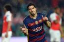 Barcelona's forward Luis Suarez celebrates a goal during the UEFA Champions League Round of 16 second leg football match FC Barcelona vs Arsenal FC at the Camp Nou stadium in Barcelona on March 16, 2016
