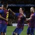 Barcelona's Busquets is congratulated by team mates Sanchez, Messi and Iniesta after scoring a goal agaisnt Chelsea during their Champions League soccer semi-final in Barcelona