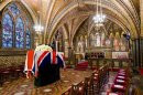 The coffin of former British prime minister Margaret Thatcher rests in the Crypt Chapel of St Mary Undercroft, at the Palace of Westminster in London