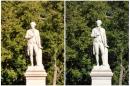 These Aug. 27, 2016, photos show a statue of Alexander Hamilton in New York's Central Park taken with Motorola's Moto Z phone with a zoom attachment. You'd be wrong to think smartphones already offer zoom capabilities by pinching out on the screen. What you're getting is a software trick that leaves images fuzzy. For example, the image at left was taken with the phone's regular lens from afar and enlarged. The photo at right was taken with a second lens that comes in the form of an optional attachment. (AP Photo/Anick Jesdanun)