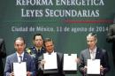 Mexico's President Pena Nieto, President of Mexico's Senate Cervantes and President of the Chamber of Deputies Gonzalez hold up a written version of an energy reform at the National Palace in Mexico City