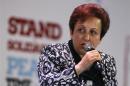 2003 Nobel Peace prize laurate Shirin Ebadi of Iran speaks during a session of the 13th World Summit of Nobel Peace Prize Laureates at the Palace of Culture in Warsaw