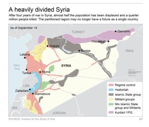 Map shows areas of control in Syria.