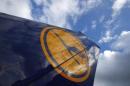 The tail of a decommissioned Lufthansa aircraft is pictured at Frankfurt airport