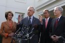 Senate Majority Leader Harry Reid speaks to press after a bipartisan meeting with U.S. President Barack Obama hosts a bipartisan meeting in the White House