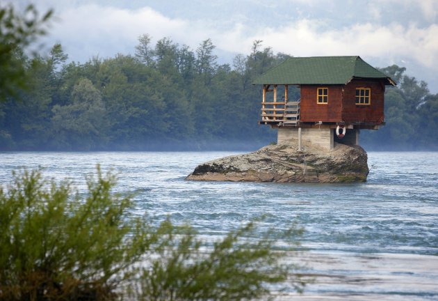 A house built on a rock on the river Drina is seen near Bajina Basta