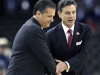 FILE - in this March 31, 2012, file photo,  Louisville head coach Rick Pitino, right, shakes hands with Kentucky head coach John Calipari before the first half of an NCAA Final Four semifinal college basketball tournament game in New Orleans. Kentucky has fallen out of the Top 25 and the defending national champs are still looking to establish themselves heading into the instate showdown with rival Louisville. The fourth-ranked Cardinals Saturday will try to end a four-game skid against the Wildcats. (AP Photo/David J. Phillip, File)