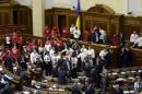 Pro-EU deputies of the Ukrainian opposition block the parliament tribune as a sign of protest after a plan to sign a historic EU deal was scrapped in Kiev on November 21, 2013