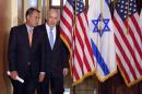 In this May 24, 2011 file photo, Israeli Prime Minister Benjamin Netanyahu walks with House Speaker John Boehner of Ohio on Capitol Hill in Washington. Israel's ambassador to the US has gotten an earful from a half-dozen House Democrats angered by Prime Minister Benjamin Netanyahu's acceptance of a Republican invitation to address Congress next month. Boehner's invitation came with the Obama administration in negotiations with Iran over its nuclear program. Boehner's move has angered the White House and Democrats. (AP Photo/Evan Vucci, File)