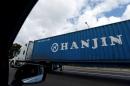 A Hanjin Shipping Co shipping container is seen in Long Beach