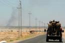 Iraqi government forces drive in the village of Albu Huwa south of Fallujah on June 14, 2016