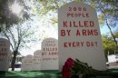 Campaigners for the Control Arms coalition set up a mock graveyard next to the United Nations building in New York