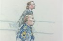 Courtroom sketch of Army Staff Sergeant Robert Bales and attorney John Henry Browne during a pre-sentencing hearing in Tacoma Washington