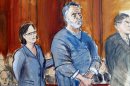 In this courtroom sketch, Manssor Arbabsiar, center, stands with his attorneys Thursday, May 30, 2013, in Manhattan Federal Court, in New York where the judge sentenced the former used car salesman from Corpus Christi, Texas, to 25 years in prison in a failed conspiracy to kill the Saudi Arabian ambassador to the United States by bombing a Washington restaurant. At left, Federal Defender Sabrina Shroff put her hand on Arbabsiar's back as U.S. District Judge John Keenan, not shown, read the sentence. (AP Photo/Elizabeth Williams)