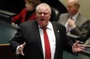 Toronto Mayor Ford reacts during a budget meeting at City Hall in Toronto