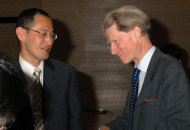 In this April, 2008 photo, Kyoto University Professor Shinya Yamanaka, left, and British researcher John Gurdon exchange words as they attend a symposium on induced pluripotent stem cell in Tokyo. Gurdon and Yamanaka of Japan won this year's Nobel Prize in physiology or medicine on Monday, Oct. 8, 2012 for discovering that mature, specialized cells of the body can be reprogrammed into stem cells - a discovery that scientists hope to turn into new treatments. (AP Photo/Kyodo News) JAPAN OUT, MANDATORY CREDIT, NO LICENSING IN CHINA, FRANCE, HONG KONG, JAPAN AND SOUTH KOREA