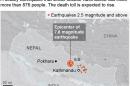 UPDATE MAKES SPELLING OF KATHMANDU CONSISTANT: Map locates a deadly earthquake in Nepal. ; 2c x 3 inches; 96.3 mm x 76 mm;