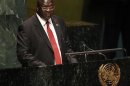 South Sudan's vice president Machar speaks after the UN General Assembly vote on South Sudan's membership to the UN in New York