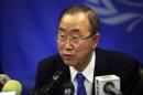 U.N. Secretary-General Ban Ki-moon speaks during a news conference at the UNMISS (United Nations Mission in South Sudan) base in Juba