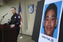 Sacramento Police Chief Sam Somers Jr., left, announces the arrest of James Tran, who is charged with the attempted homicide of Airman 1st Class Spencer Stone during an altercation in October, in Sacramento, Calif., Wednesday, Nob. 4, 2015. Stone was one of three Americans who helped thwart a European terrorist attack. (AP Photo/Rich Pedroncelli)