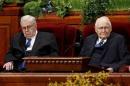President Packer and Elder Perry of the Quorum of the Twelve Apostles of the LDS Church wait for the start of the first session of the 185th Annual General Conference of the Church in Salt Lake City