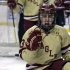 Boston College forward Johnny Gaudreau pumps his fist as he celebrates his goal against Northeastern goalie Chris Rawlings during the second period of the championship game at the Beanpot college hockey tournament in Boston, Monday, Feb. 11, 2013.  (AP Photo/Charles Krupa)