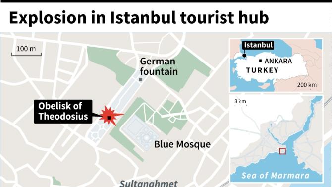 Close-up map of the Sultanahmet neighbourhood of Istanbul, locating explosion near the Blue Mosque