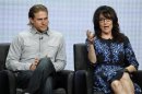 Sagal speaks next to Hunnam at a panel for television series "Sons of Anarchy" during the FX portion of the Television Critics Association Summer press tour in Beverly Hills