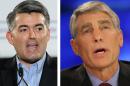 This combo of file photos shows Rep. Cory Gardner, R-Colo., speaks during an event in Denver in a March 1, 2014 file photo, left, and then Colorado Democratic Senatorial candidate Mark Udall in a Oct. 16, 2008 file photo. Health care and the partial government shutdown underscored the first debate Saturday Sept. 6, 2014between U.S. Democratic Sen. Mark Udall and Republican U.S. Rep. Cory Gardner, who are deadlocked in a pivotal Colorado contest that could determine control of the Senate. (AP Photo/Files)