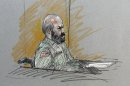 FILE- In this Aug. 6, 2013, file courtroom sketch, Maj. Nidal Malik Hasan sits in court for his court-martial in Fort Hood, Texas. The prosecutors pursuing the death penalty against the Army psychiatrist accused in the 2009 Fort Hood shooting rampage will soon begin trying to answer a difficult but key question_ determining why Hasan attacked his fellow soldiers in the worst mass shooting ever on a U.S. military base. (AP Photo/Brigitte Woosley, File)