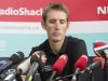 Radioshack Nissan Trek cycling team rider Schleck looks down as he addresses a news conference in Luxembourg
