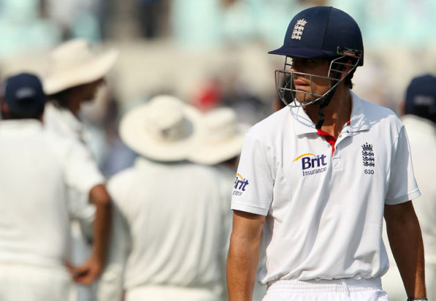 Alastair Cook walks back after being dismissed by Ishant Sharma on Day 1 of the fourth cricket Test match between India and England at the Jamtha Stadium in Nagpur, December 13, 2012. (BCCI)