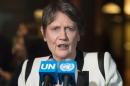 Helen Clark, former Prime Minister of New Zealand and administrator of the United Nations Development Program, speaks with reporters after being interviewed as a candidates for the position of UN Secretary-General April 14, 2016 at the United Nations