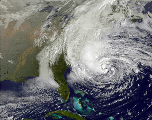 This NOAA satellite image taken Sunday, Oct. 28, 2012 shows Hurricane Sandy off the Mid Atlantic coastline moving toward the north with maximum sustained winds of 75 mph. Tens of thousands of people were ordered to evacuate coastal areas Sunday as big cities and small towns across the U.S. Northeast braced for the onslaught of a superstorm threatening some 60 million people along the most heavily populated corridor in the nation. (AP Photo/Weather Underground)