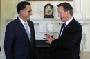 Republican presidential candidate, former Massachusetts Gov. Mitt Romney meets with British Prime Minister David Cameron at 10 Downing Street†in London, Thursday, July 26, 2012. (AP Photo/Charles Dharapak)