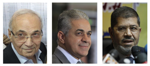 COMBO - This combination of three photos shows Egyptian presidential candidates, from left, Ahmed Shafiq, Hamdeen Sabahi and Mohammed Morsi. The candidate of Egypt's Muslim Brotherhood won a spot in a runoff election, according to partial results Friday, May 25, 2012 from Egypt's first genuinely competitive presidential election. A former prime minister and a leftist were in a tight race for second place and a chance to run against him to become the country's next leader. (AP Photo/STR; Amr Nabil; Nasser Nasser; )
