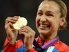 Gold medalist Britain's Jessica Ennis poses on the podium of the heptathlon