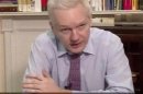 Still image of WikiLeaks' founder Assange speaking during a teleconference from the Ecuadorian Embassy in London