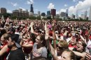 Fans cheer during a rally in Grant Park for the NHL Stanley Cup hockey champion Chicago Blackhawks on Friday, June 28, 2013, in Chicago. (AP Photo/M. Spencer Green)
