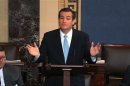 This image from Senate video show Sen. Ted Cruz, R-Texas, speaking on the Senate floor at the U.S. Capitol in Washington, Tuesday, Sept. 24, 2013. Cruz says he will speak until he's no longer able to stand in opposition to President Barack Obama's health care law. Cruz began a lengthy speech urging his colleagues to oppose moving ahead on a bill he supports. The measure would prevent a government shutdown and defund Obamacare. (AP Photo/Senate TV)