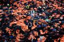 Volunteers walk on a pile of lifejackets left behind by refugees and migrants who arrived to the Greek island of Lesbos after crossing the Aegean Sea from Turkey on December 3, 2015