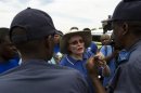 Helen Zille, leader of the opposition Democratic Alliance party, speaks to the media after police officials blocked her attempts to walk near South African President Jacob Zuma's home in Nkandla
