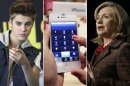 This photo combo shows, from left, entertainer Justin Bieber, an iPhone, and Secretary of State Hillary Rodham Clinton. This year's Beloit College Mindset List, a nonscientific compilation, is meant to remind teachers that college freshmen, born mostly in 1994, see the world in a much different way. (AP Photo)