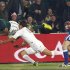 South Africa's JP Pietersen dives past England's Ben Youngs to score during their second rugby union test