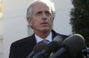Sen. Bob Corker, R-Tenn., ranking Republican on the Senate Foreign Relations Committee, speaks to members of the media outside the West Wing of the White House in Washington, Tuesday, Nov. 19, 2013, following a meeting with President Barack Obama. The President met with chairmen, ranking members, as well as other members of the Senate Banking Committee, Senate Foreign Relations Committee, Senate Armed Services Committees, and Senate Select Committee on Intelligence regarding Iran. (AP Photo/Pablo Martinez Monsivais)