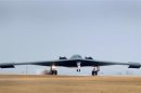 One of three Air Force Global Strike Command B-2 Spirit bombers returns to home base at Whiteman Air Force Base in Missouri