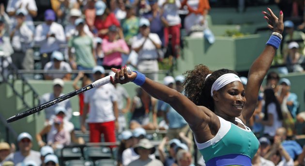 Williams salutes the crowd after defeating Sharapova in their women's singles final match at the Sony Open tennis tournament in Key Biscayne, Florida